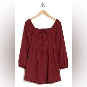 Burgundy Mini Sundress with Bishop Sleeves and Scoop Neck